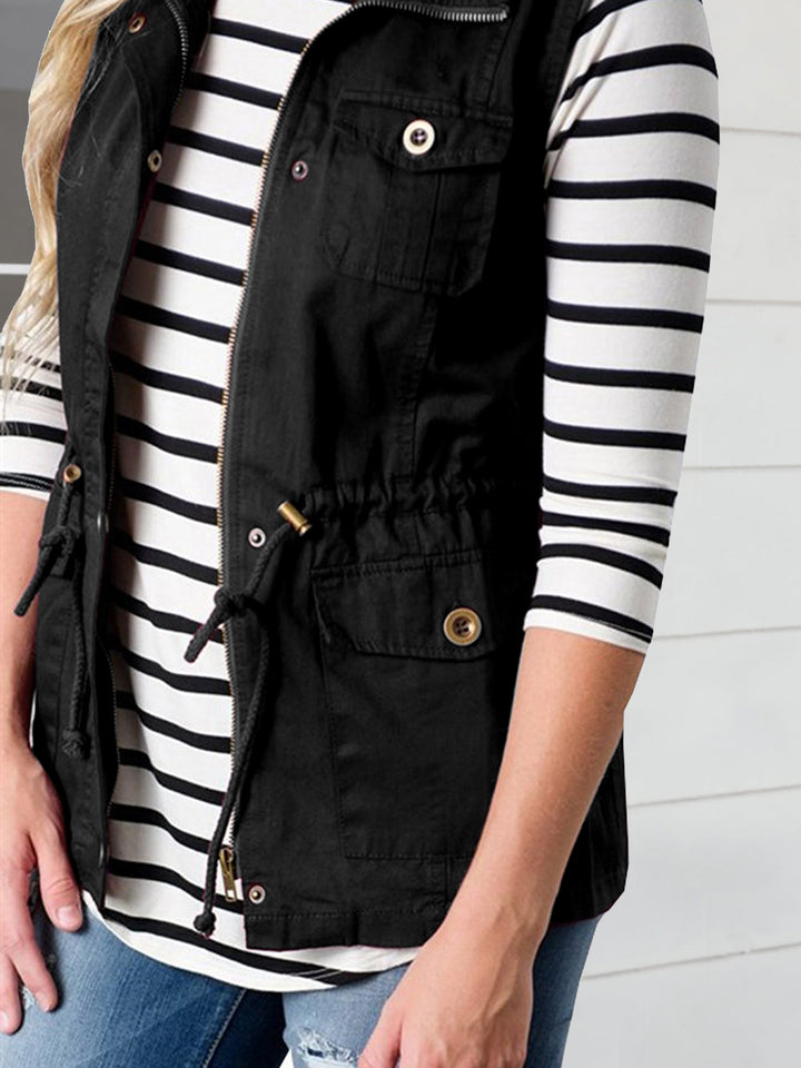 Drawstring waist utility vest with snap flap pockets