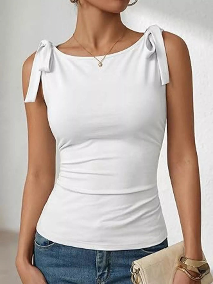 White Bow tie shoulder fitted scoop neck tank top