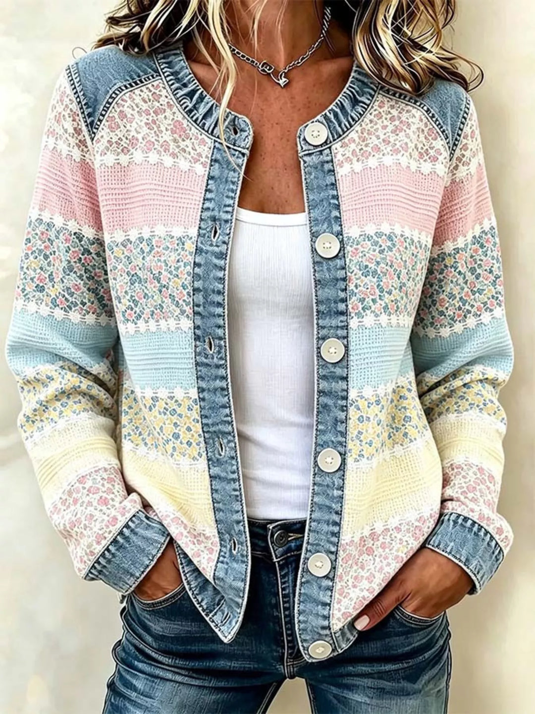Pastel Yellow Floral patchwork jacket with denim trim and button front