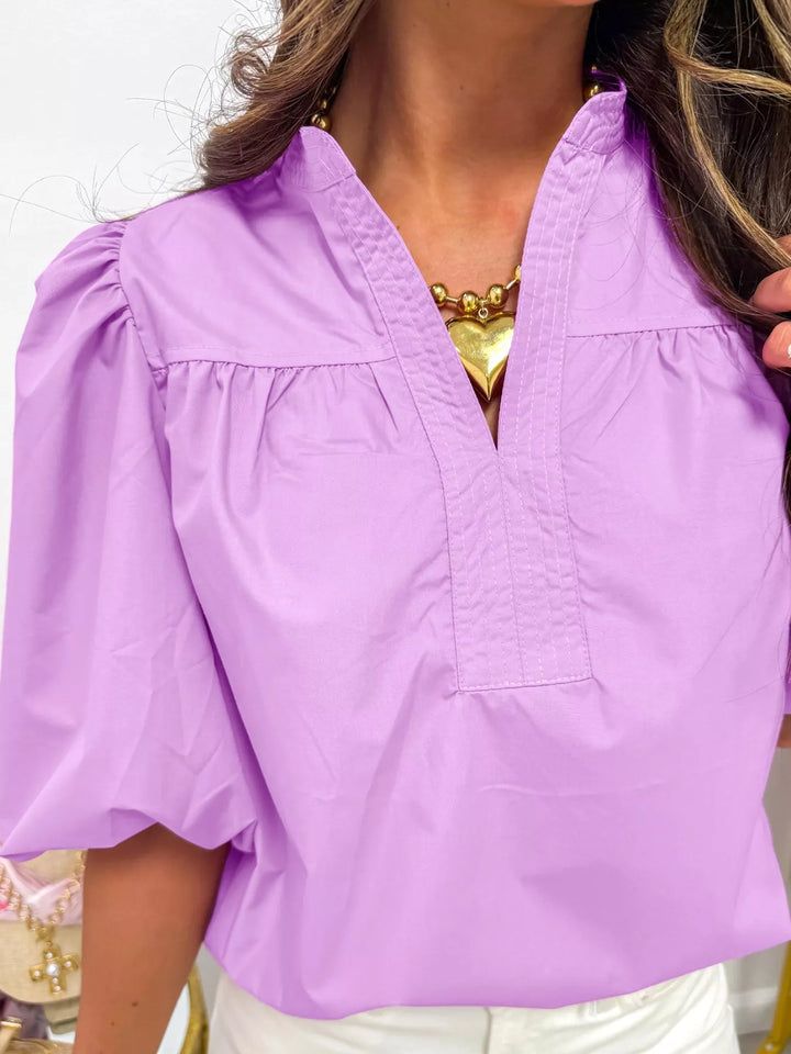 Puff sleeve cotton blouse with notched neckline