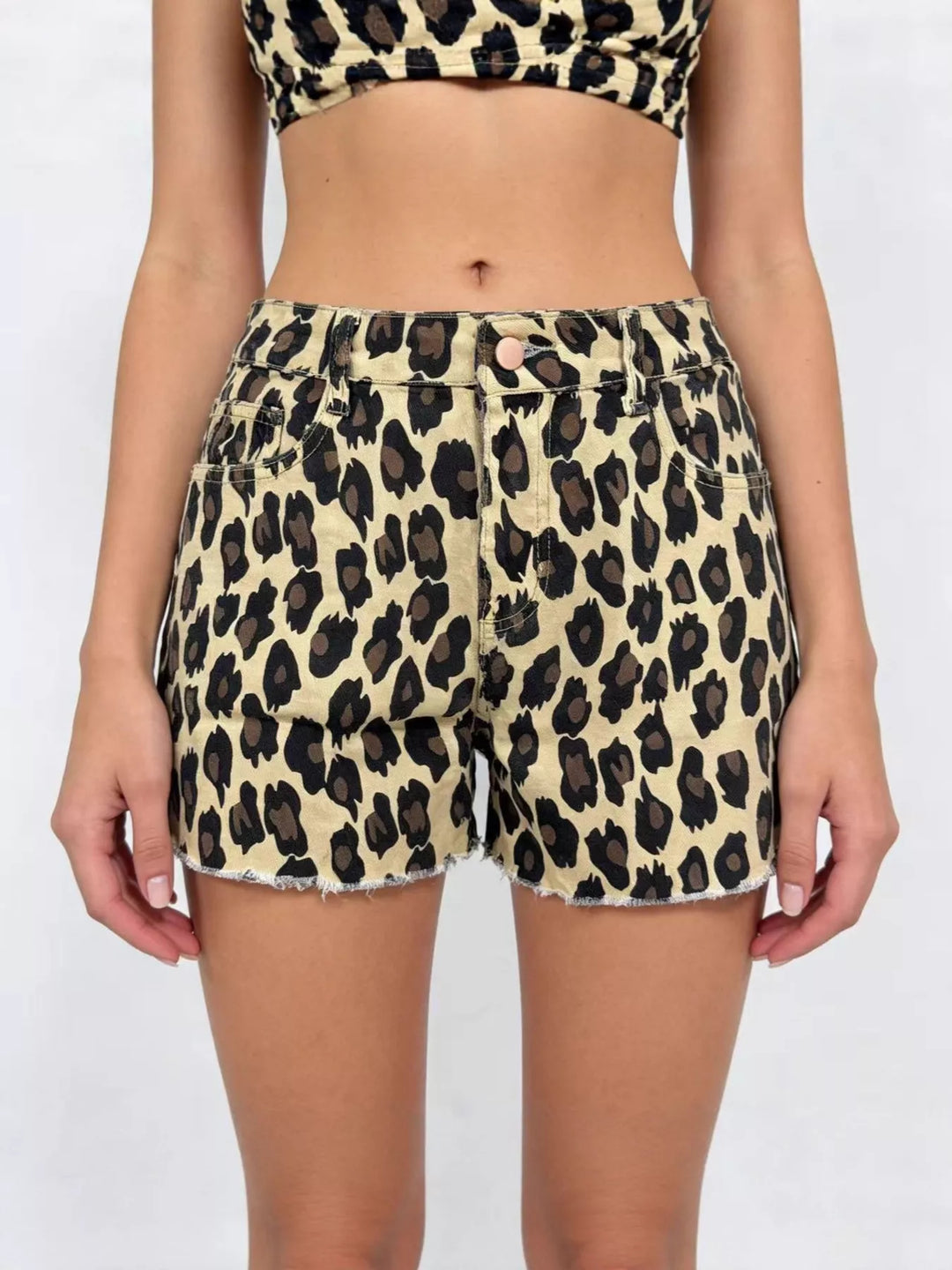 Khaki Leopard print high-rise denim shorts with raw hem