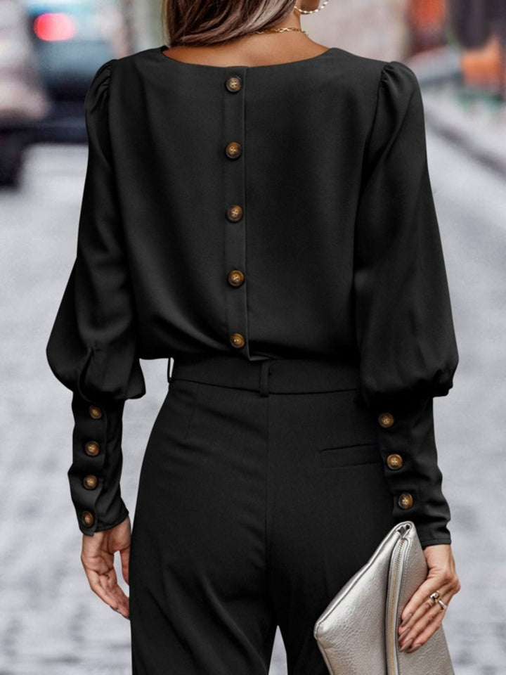 Lantern sleeve round neck blouse with puff shoulders