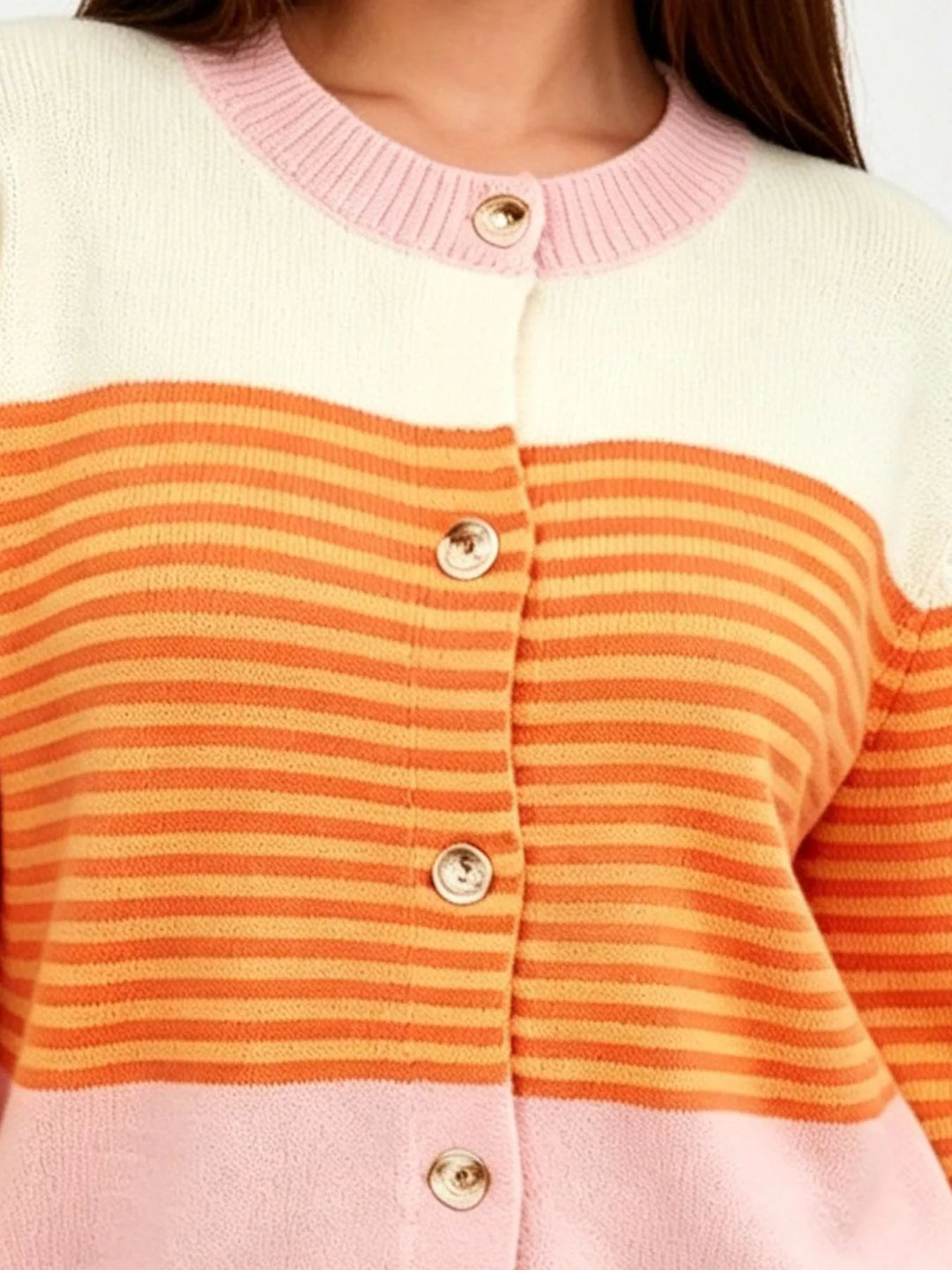 Striped color block button-up cardigan with ruffle cuffs