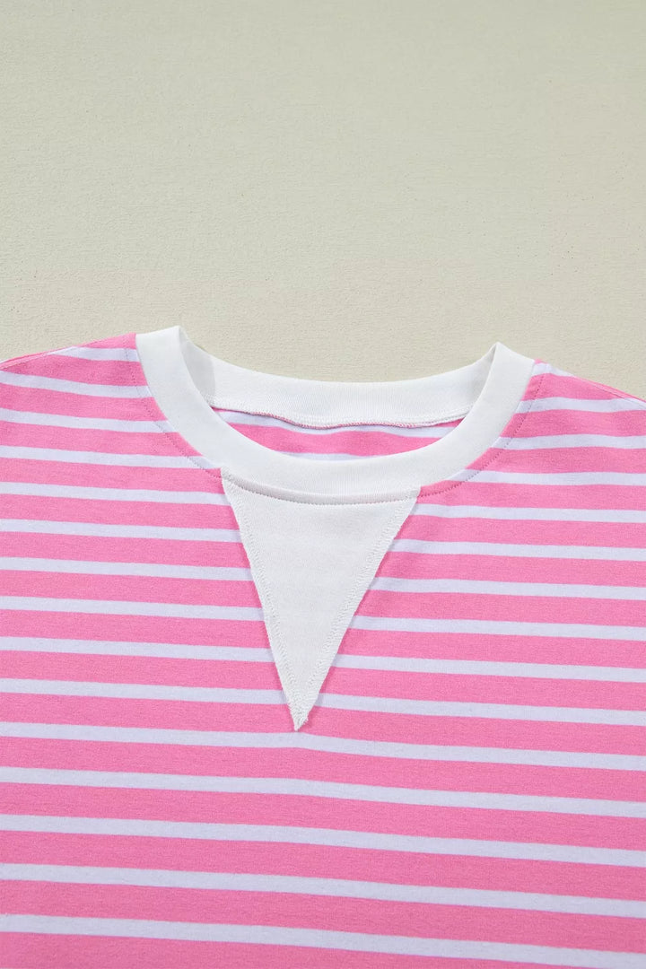 Striped drop-shoulder crew neck loose top with contrast cuffs