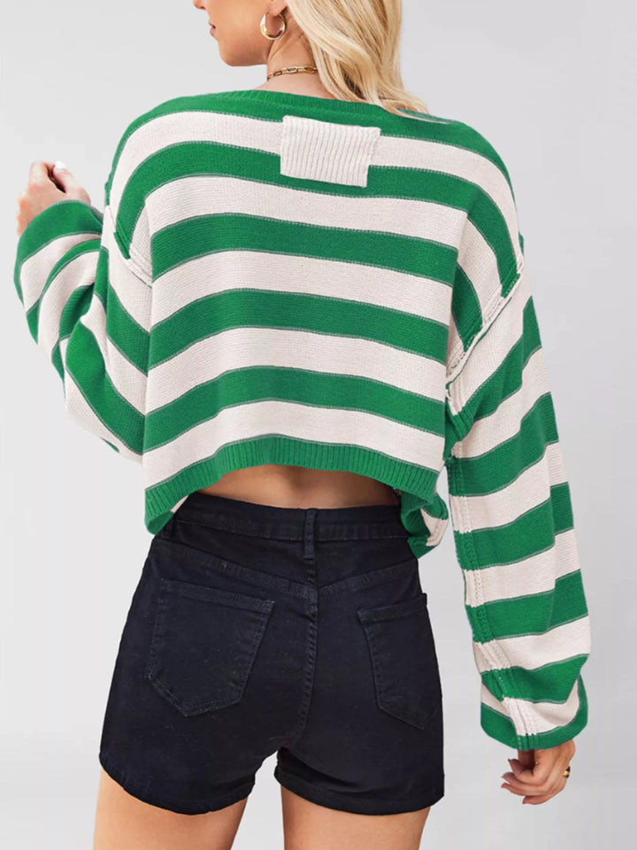 Striped oversized boat neck cropped sweater with exposed seams