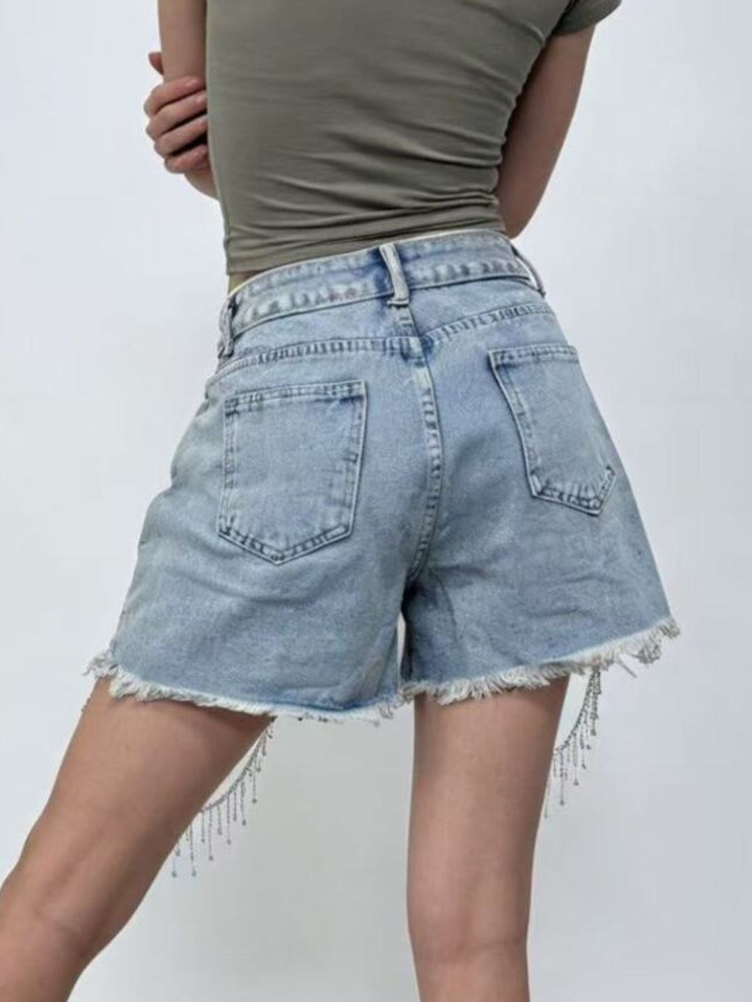 Rhinestone fringe high-rise raw hem denim shorts