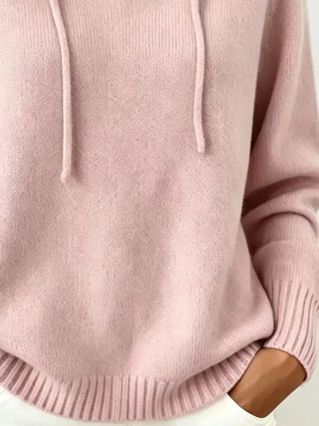 Drawstring hooded knit pullover sweater with ribbed trim