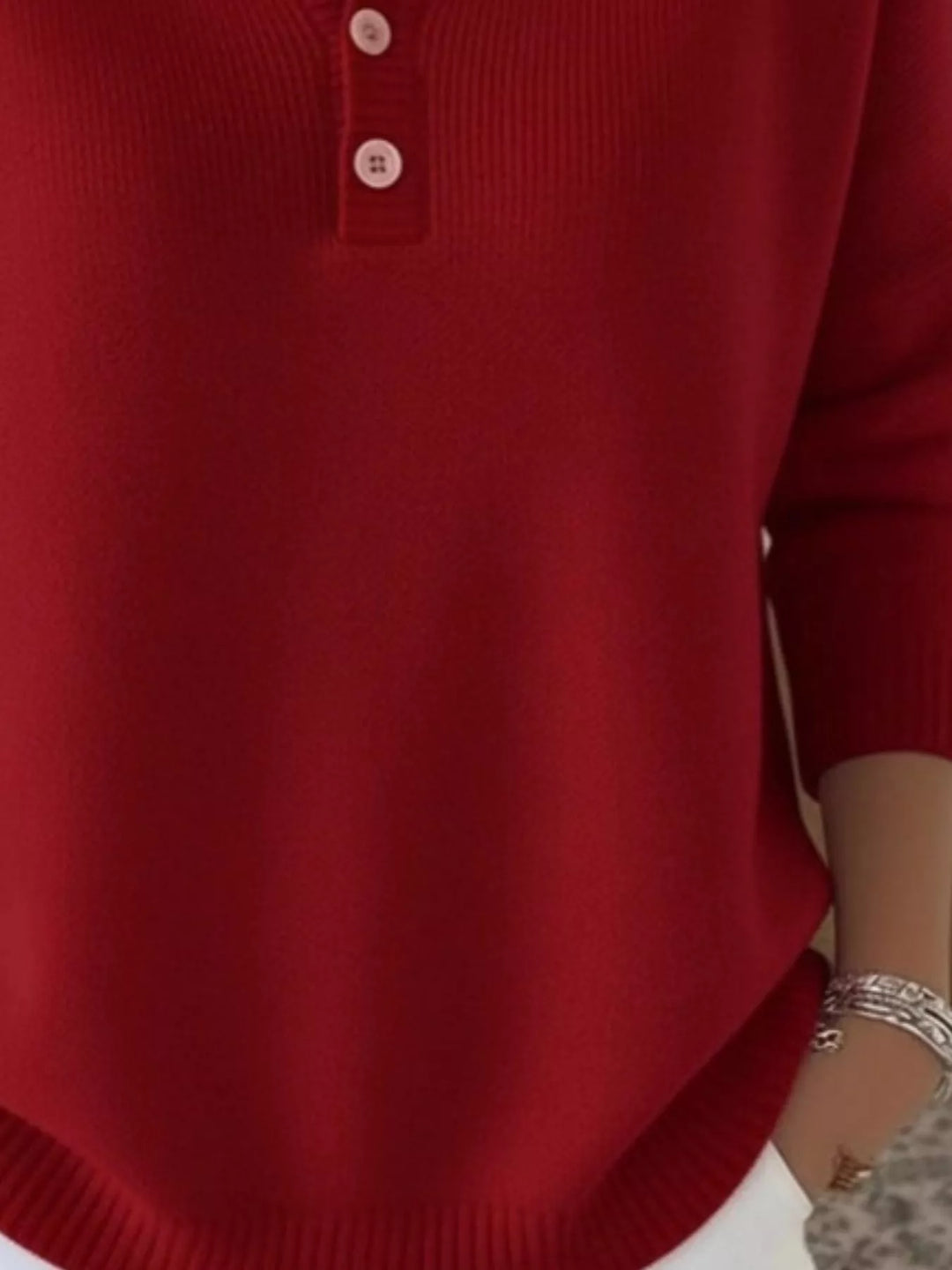 Henley button knit sweater with ribbed trim