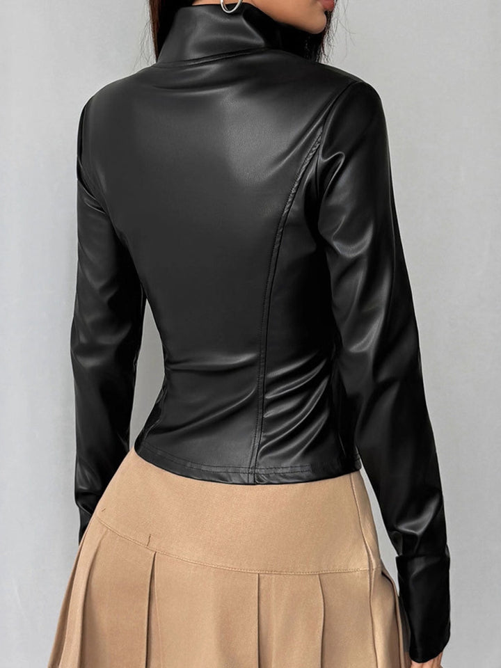 Fitted faux-leather jacket with stand collar and zip front