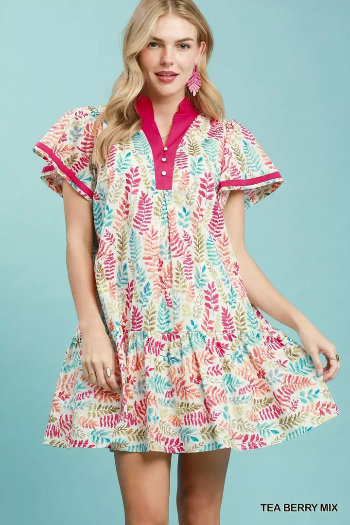 TEA BERRY MIX Leaf print flutter sleeve tiered mini dress