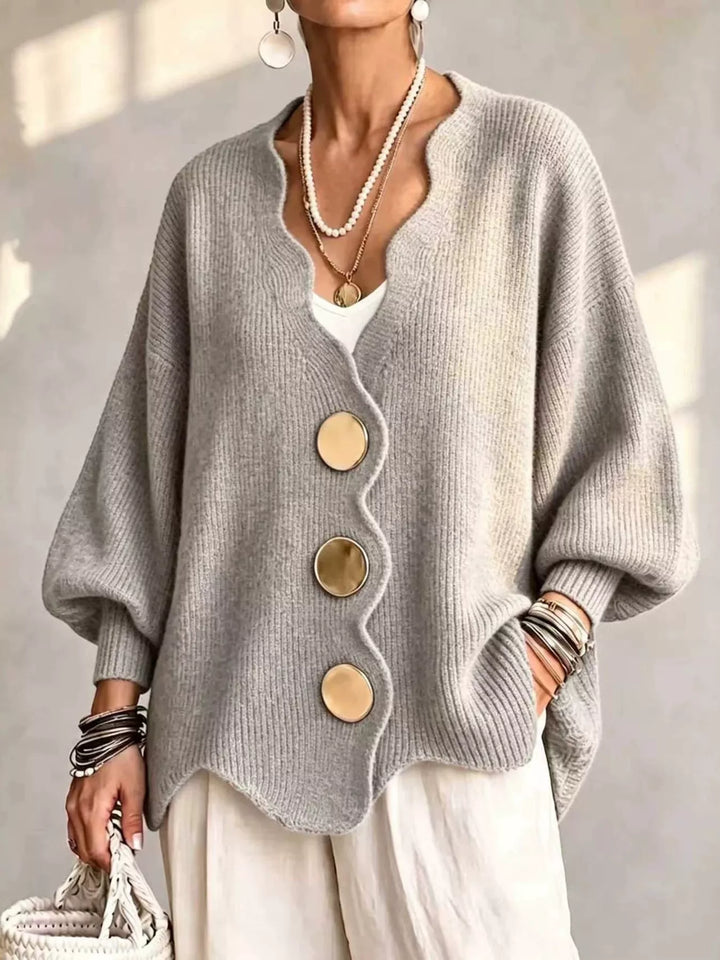 Light Gray Scalloped-edge ribbed knit oversized button-down cardigan