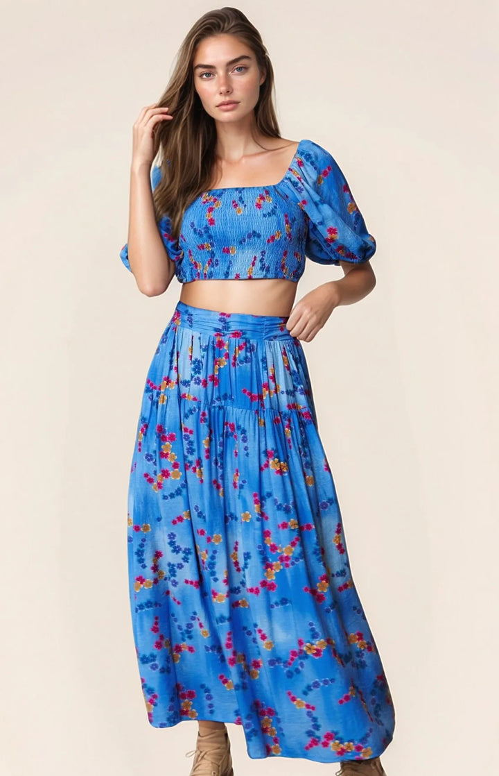 Tiered floral maxi skirt with smocked waistband
