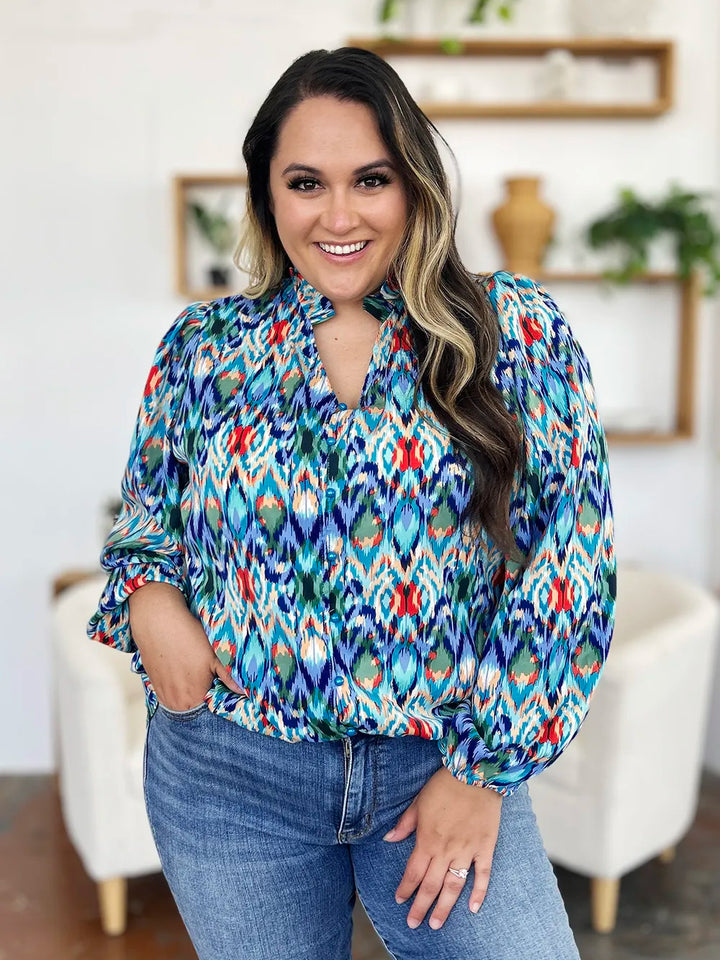 Abstract print balloon-sleeve button-down blouse