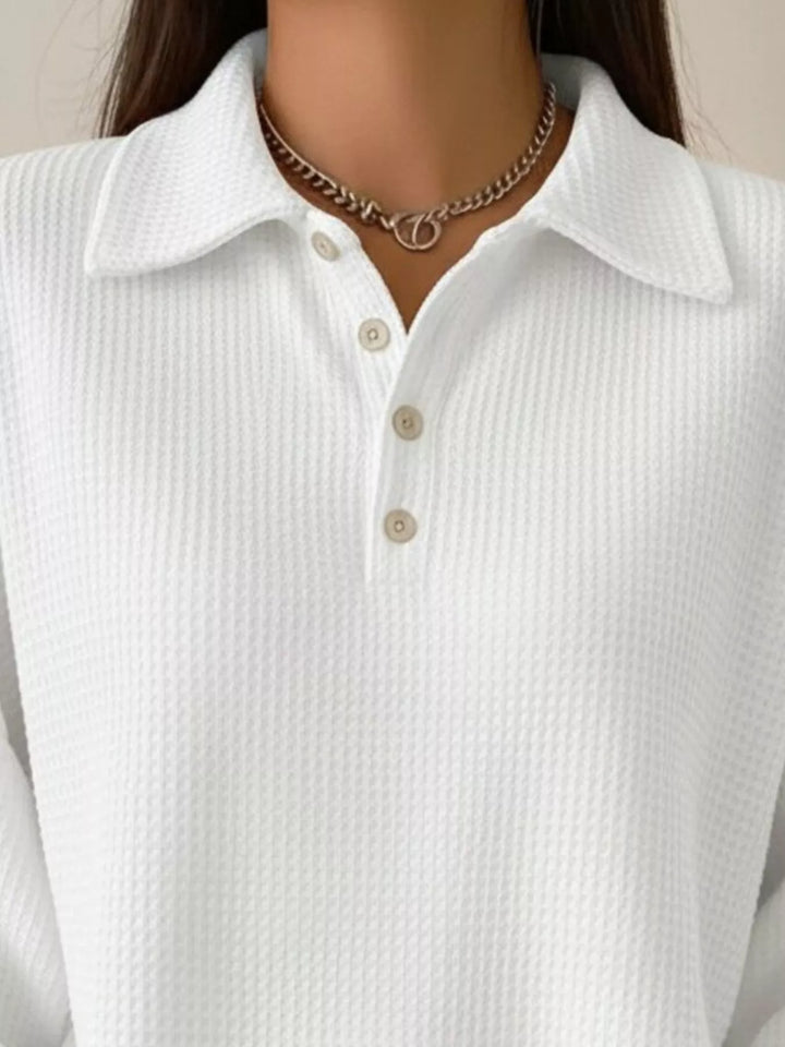Waffle knit collared pullover with button placket
