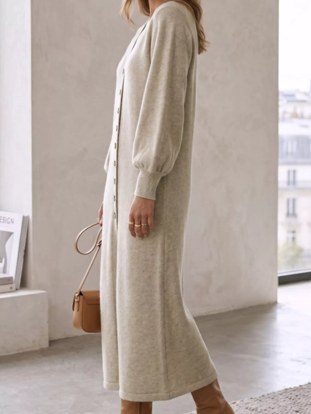 Button-front V-neck knit sweater midi dress