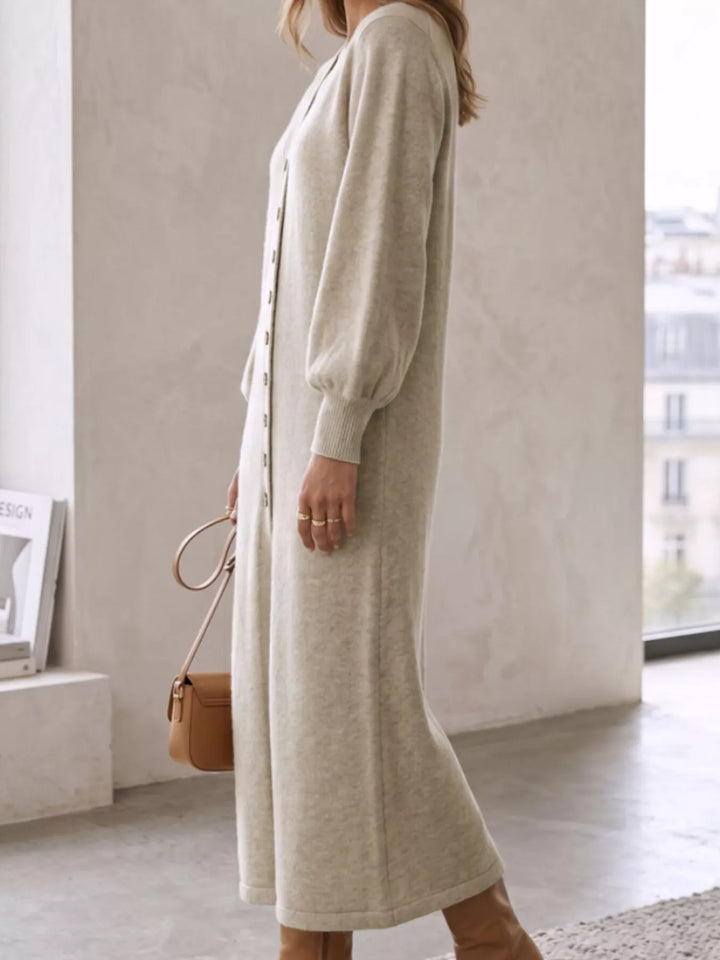 Button-front V-neck knit sweater midi dress