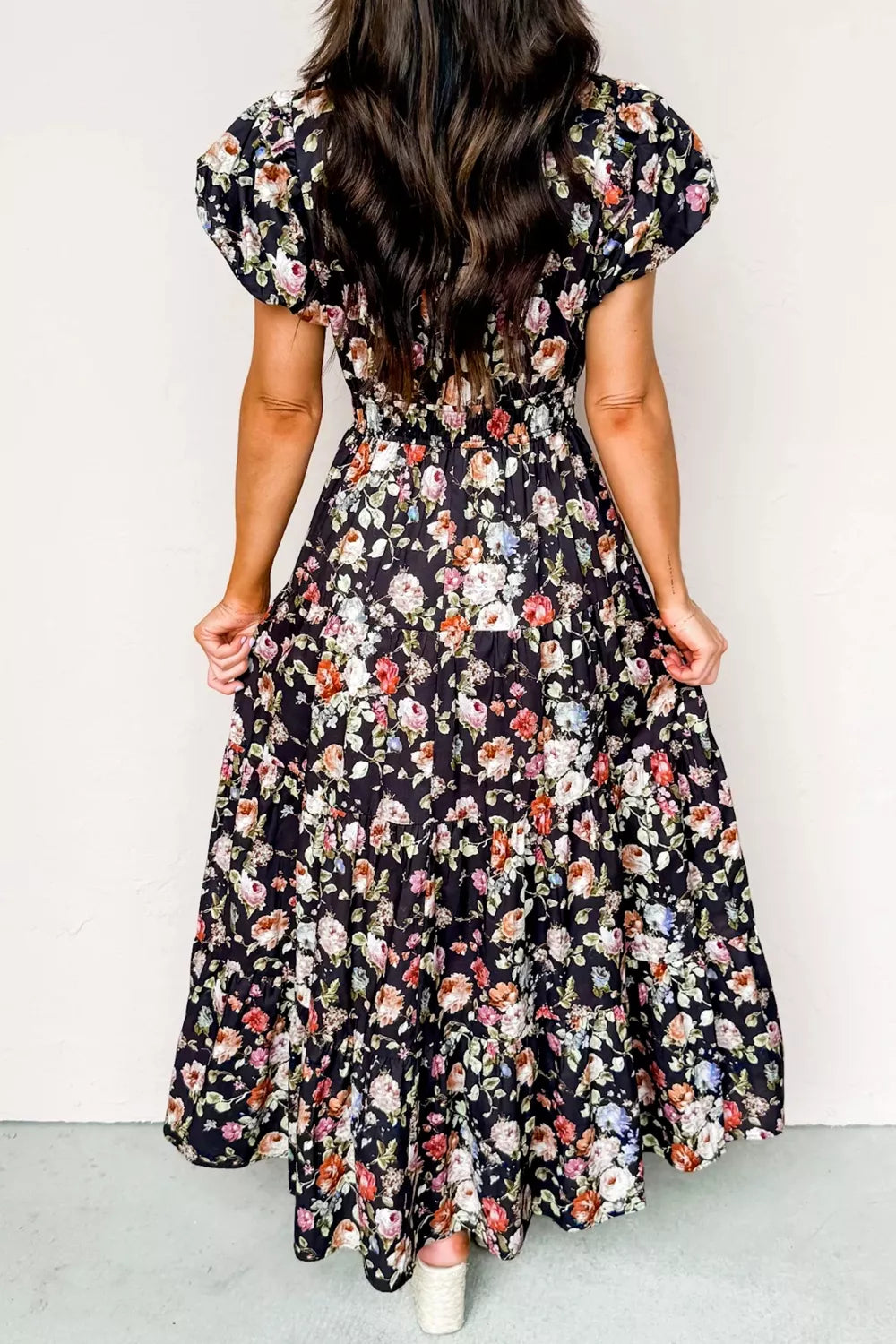 Floral puff sleeve smocked waist tiered maxi dress