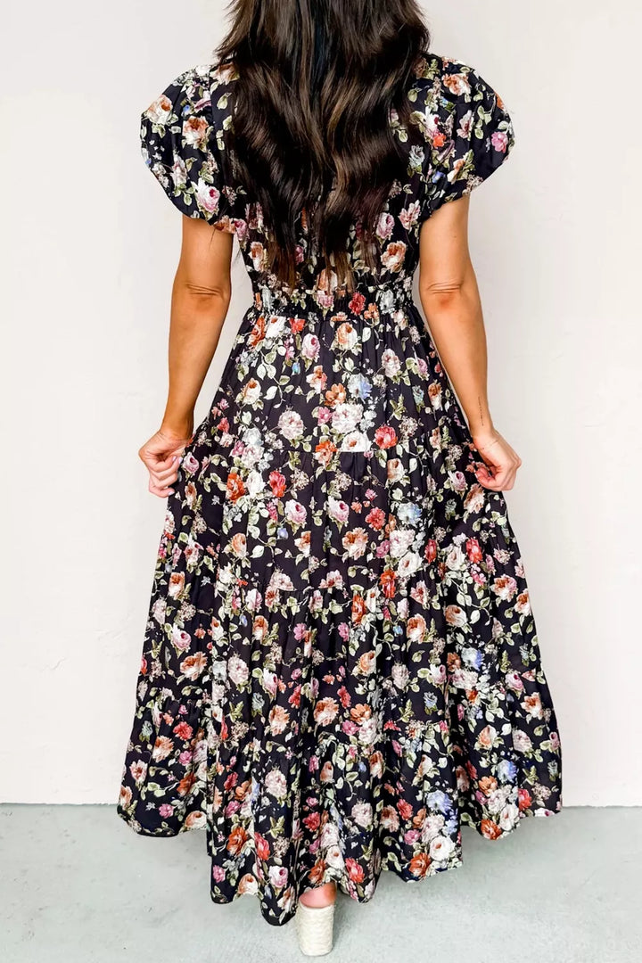 Floral puff sleeve smocked waist tiered maxi dress
