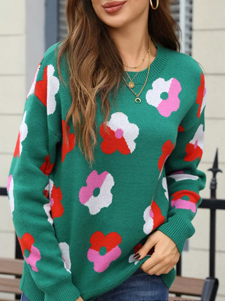 Retro floral crew neck knit pullover sweater
