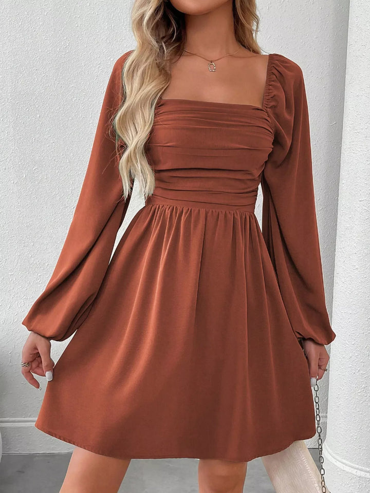 Caramel Color Ruched square-neck balloon sleeve A-line mini dress