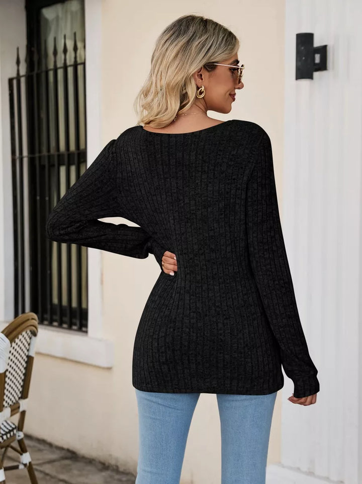 Fitted ribbed square neck long sleeve top
