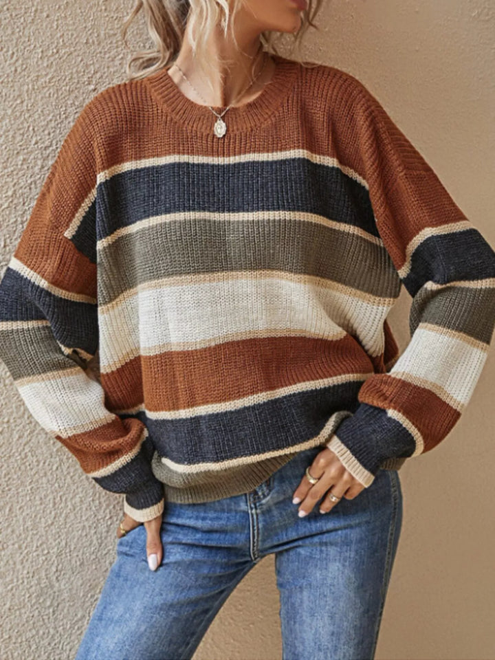 Color block striped crew neck knit sweater