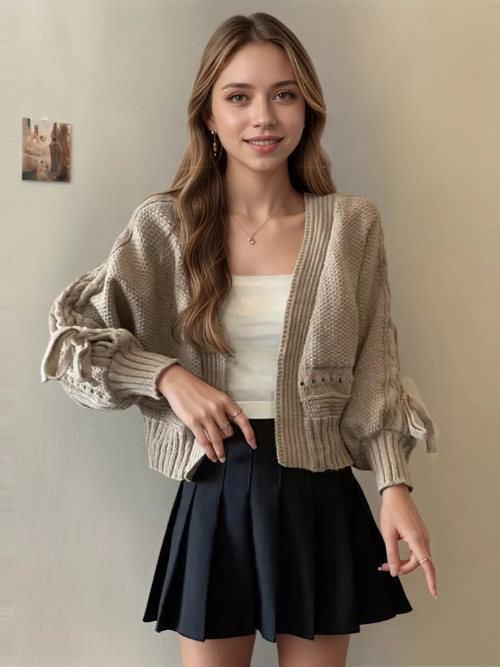 Khaki Chunky knit cropped cardigan with lace-up tie sleeves