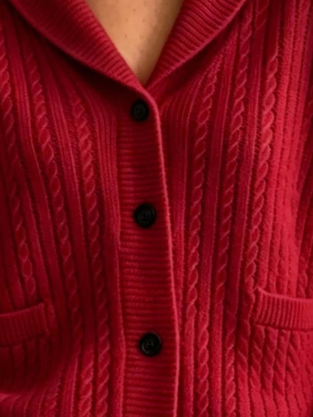 Shawl collar cable knit cardigan with patch pockets