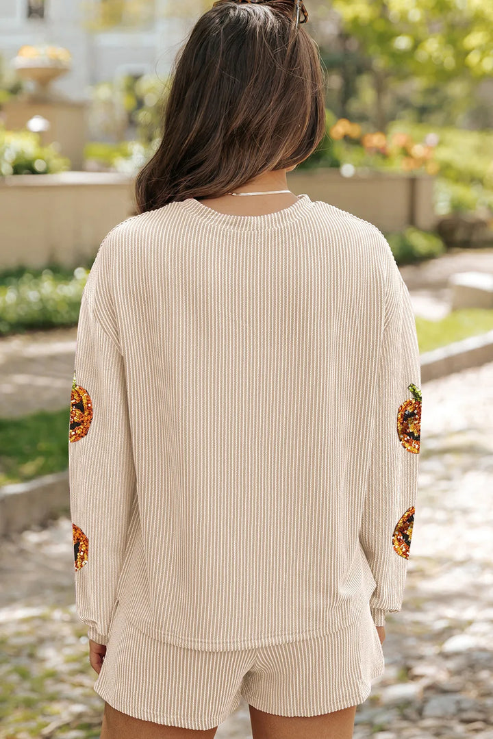 Sequin pumpkin ribbed long sleeve top and shorts set