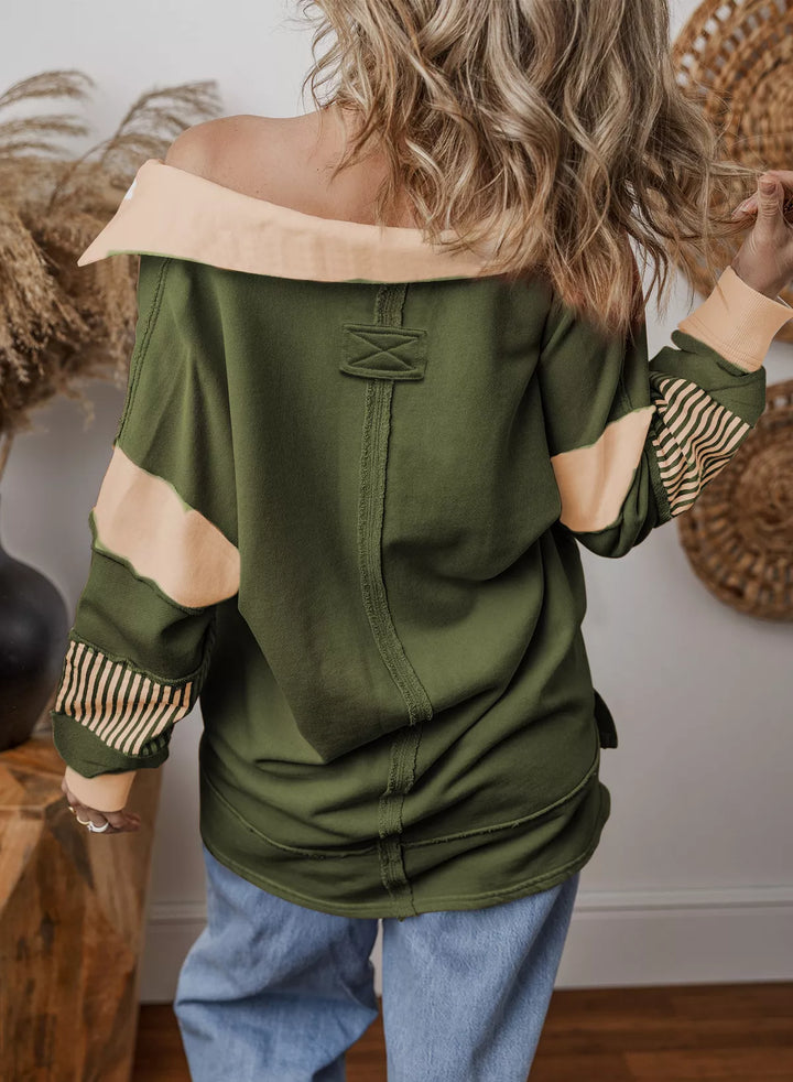 Color block striped Johnny collar sweatshirt with exposed seams