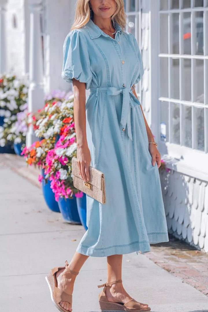 Belted chambray midi shirt dress with puff sleeves