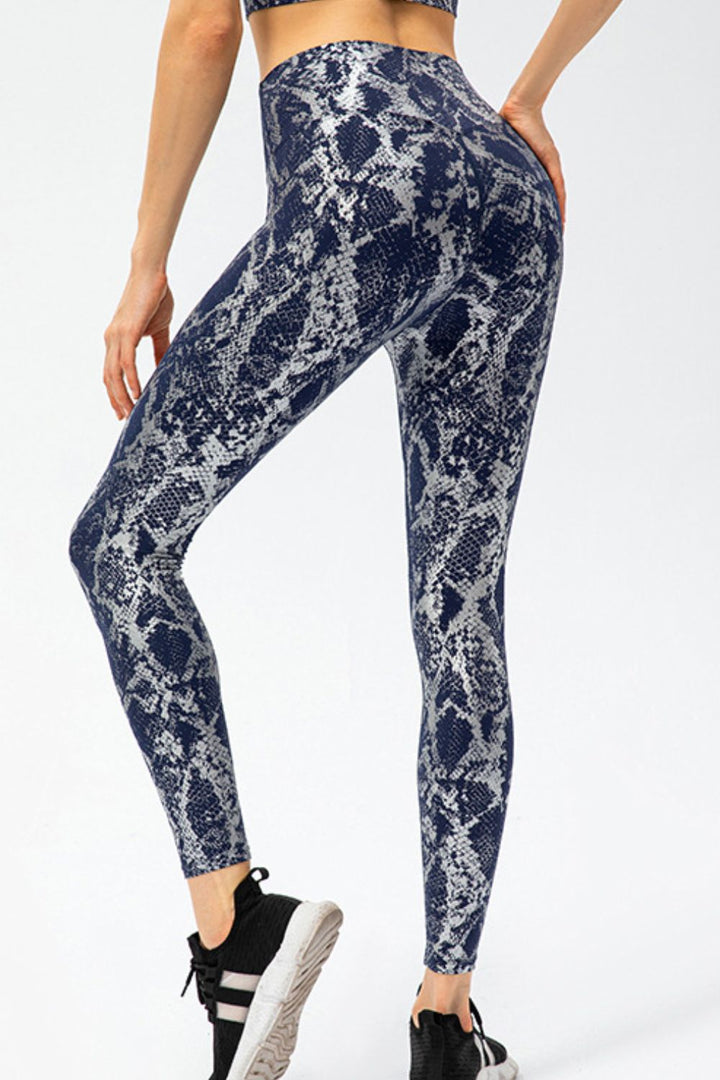 Metallic snakeskin print wide waistband workout leggings