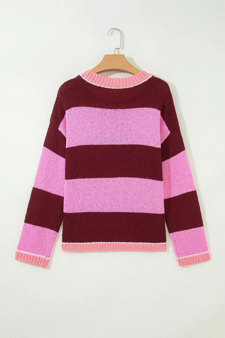 Wide stripe drop shoulder crew neck knit pullover sweater