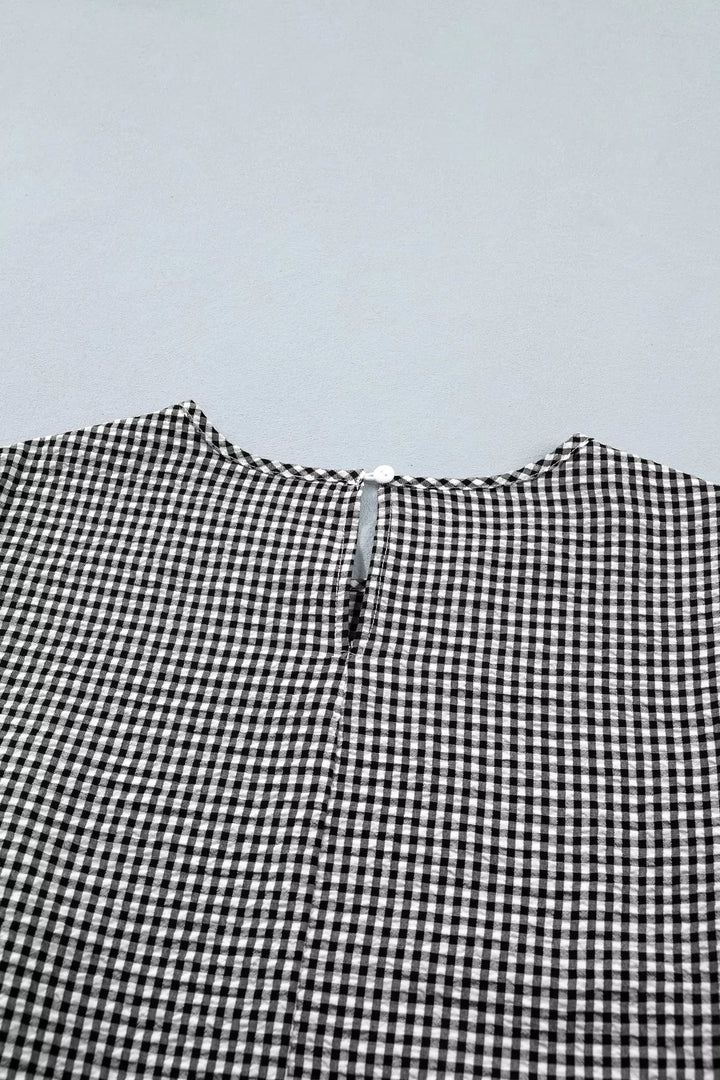 Gingham ruffle half-sleeve crew neck blouse