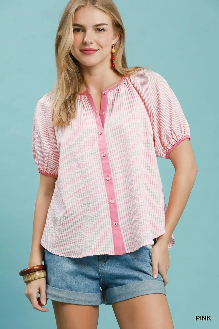 PINK Checker puff sleeve button-front blouse with contrast trim