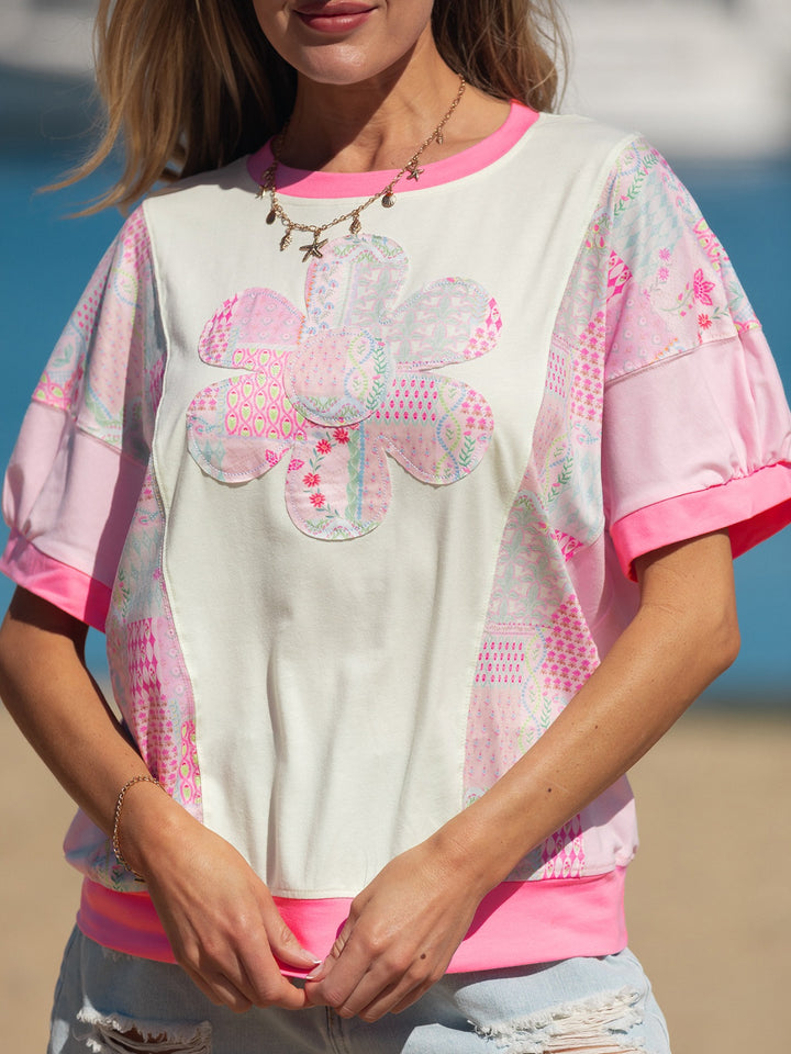 Floral patchwork crew-neck top with flower appliqué