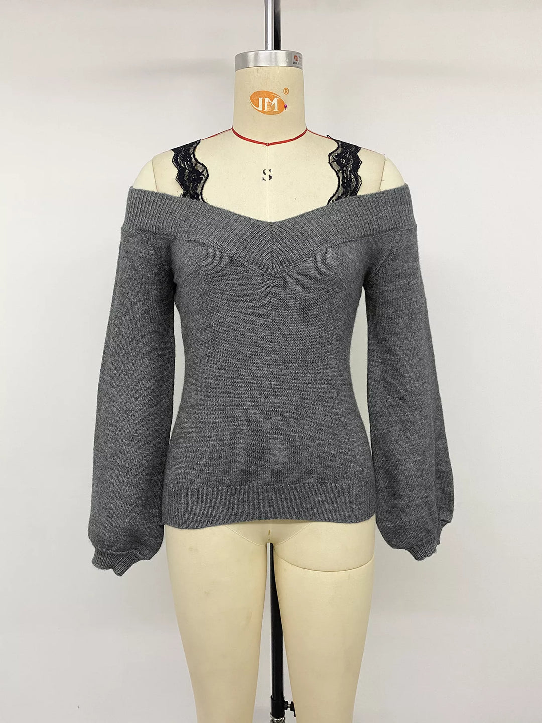Lace trim off-shoulder V-neck knit sweater