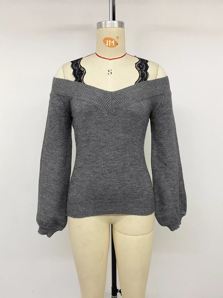 Lace trim off-shoulder V-neck knit sweater