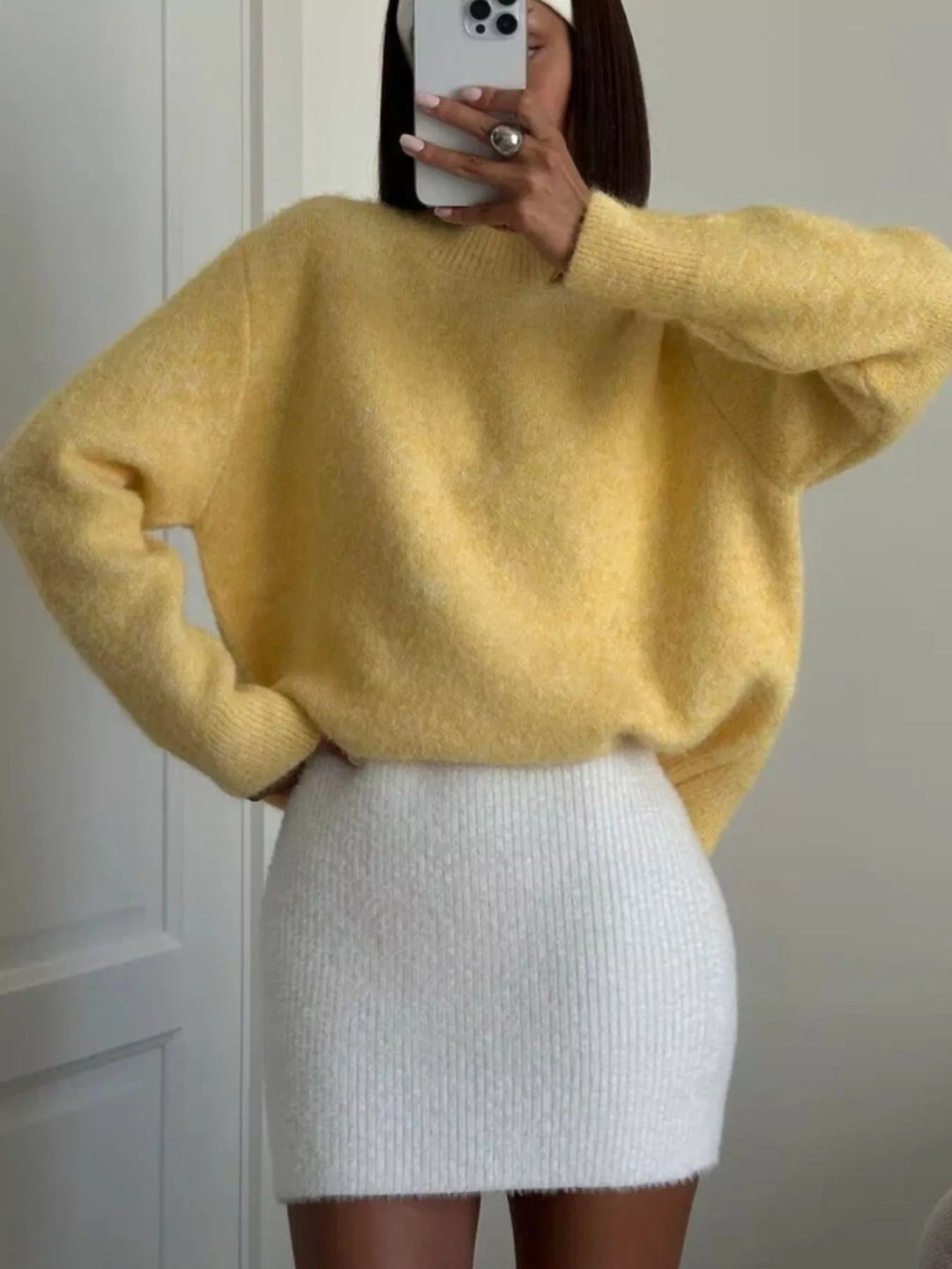 Dropped shoulder brushed knit crew neck sweater