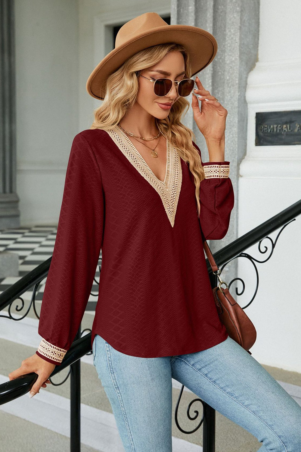 Textured crochet lace V-neck long sleeve blouse