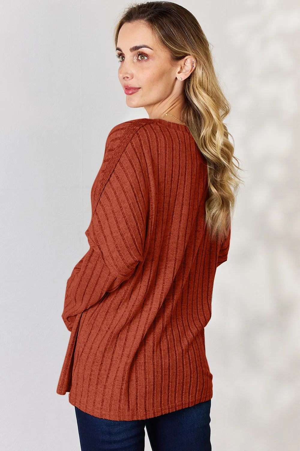 Ribbed knit half-button henley long sleeve top