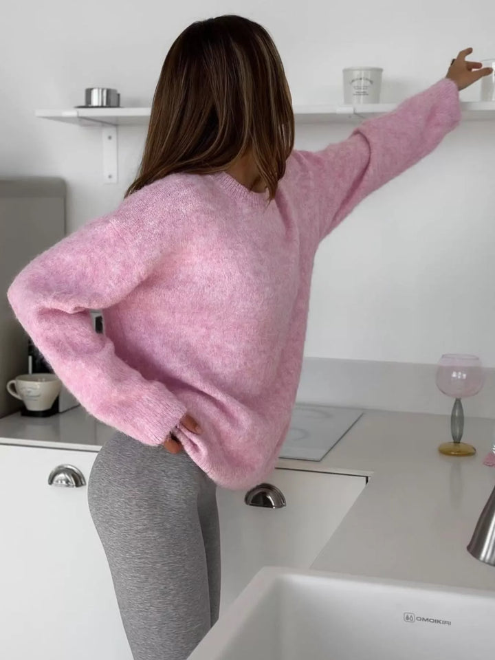 Dropped shoulder brushed knit crew neck sweater