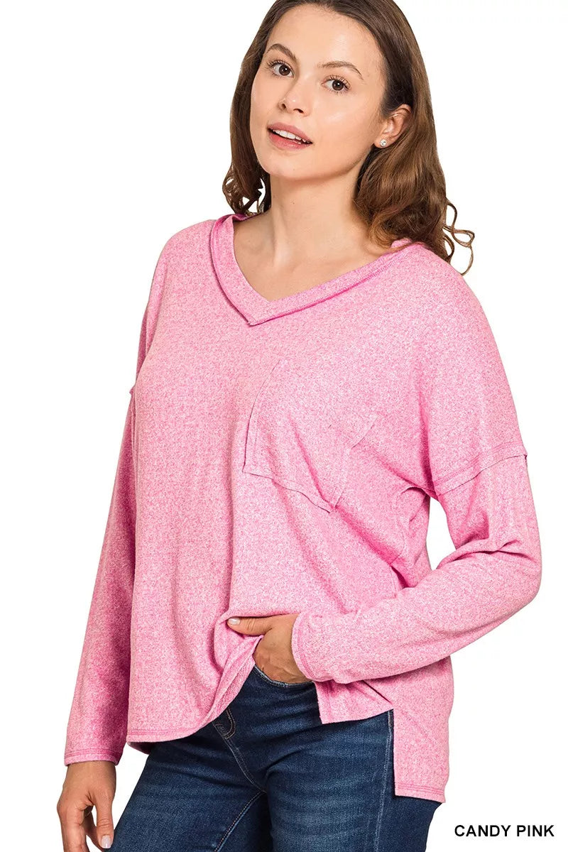 CANDY PINK Exposed-seam melange hacci v-neck top with chest pocket