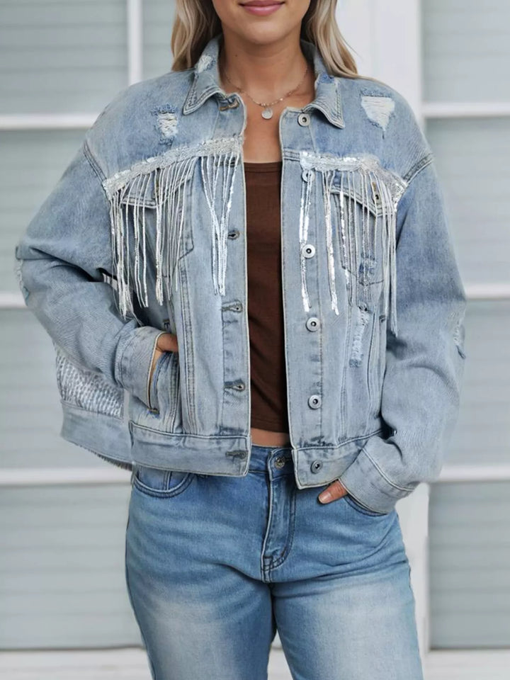 Light Blue Distressed denim jacket with sequin fringe and chest pockets