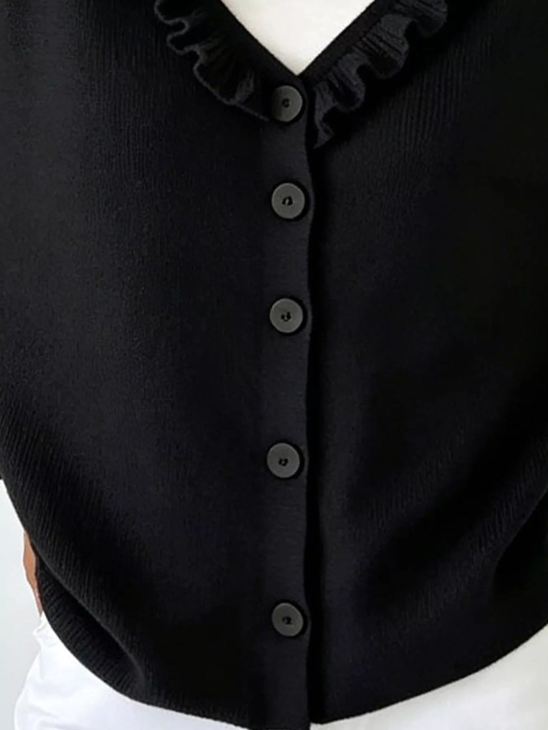 Ruffle-trim V-neck button-front knit cardigan