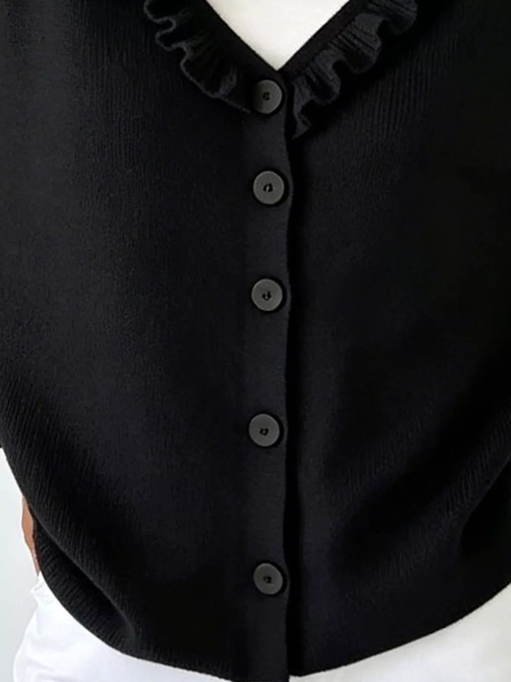 Ruffle-trim V-neck button-front knit cardigan