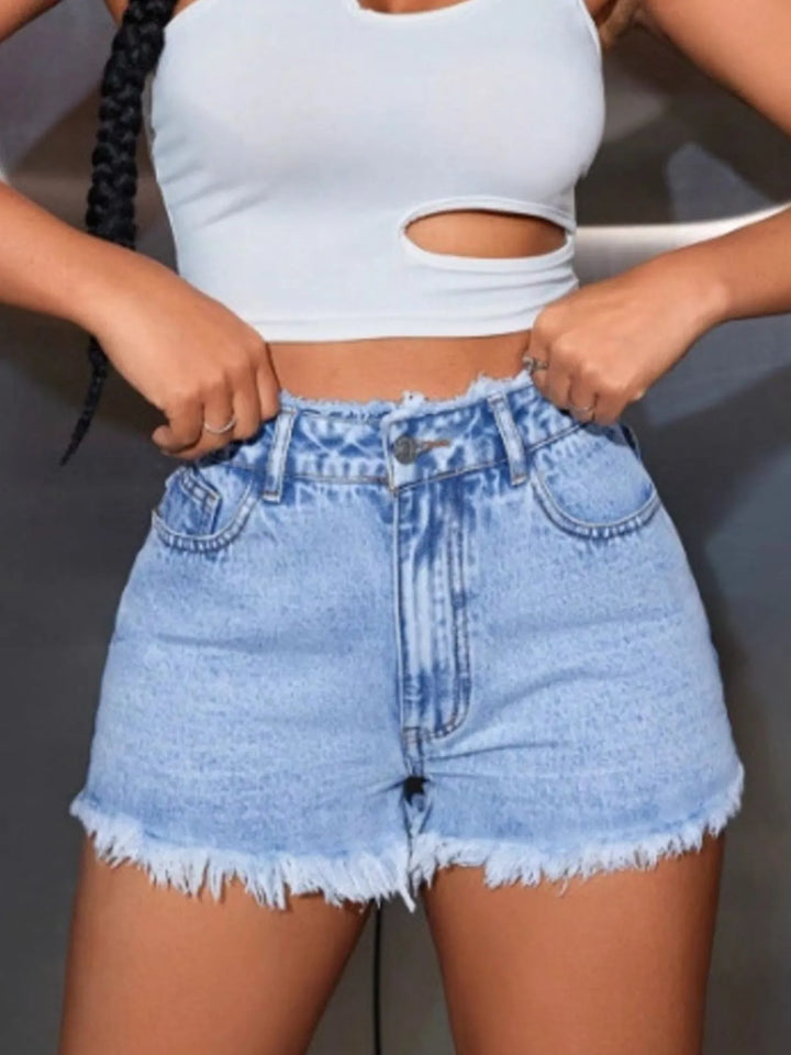 Frayed raw hem high-rise washed denim shorts