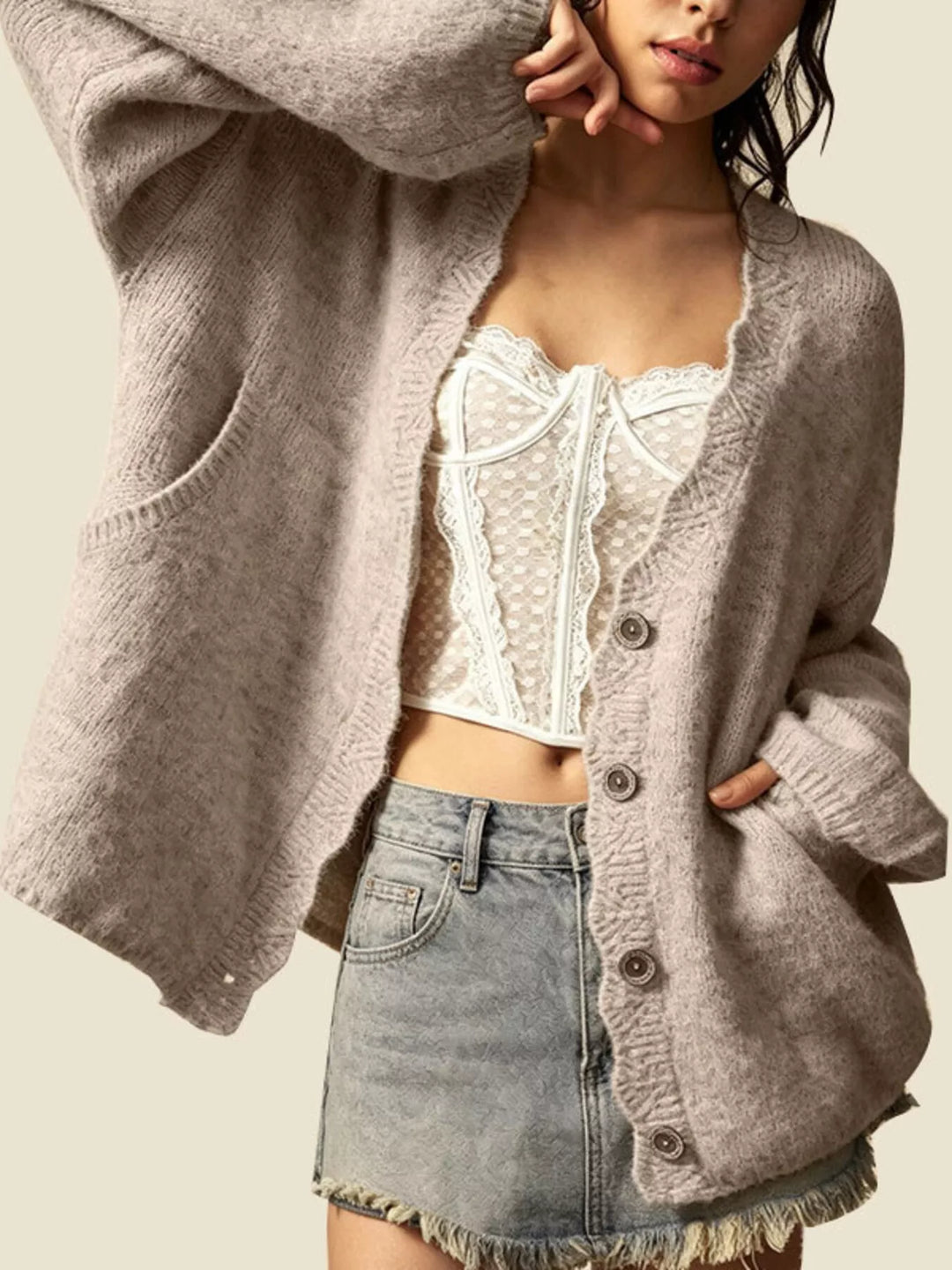 Dust Storm Oversized V-neck button-down knit cardigan with textured trim