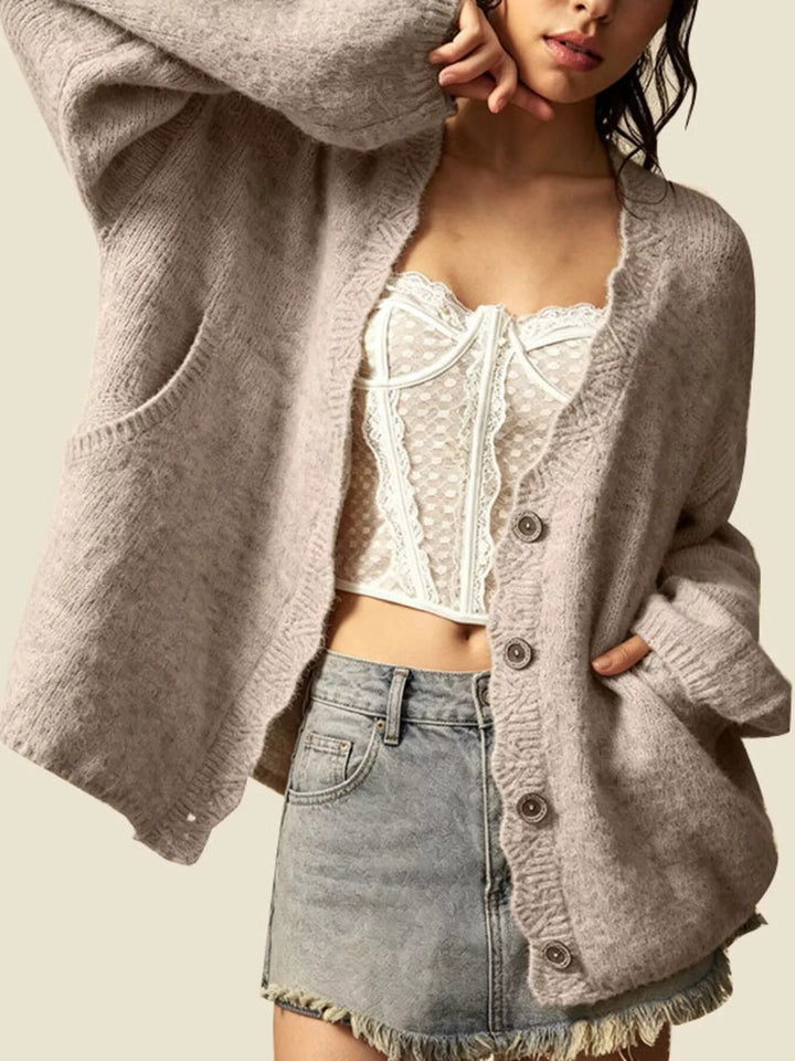 Dust Storm Oversized V-neck button-down knit cardigan with textured trim