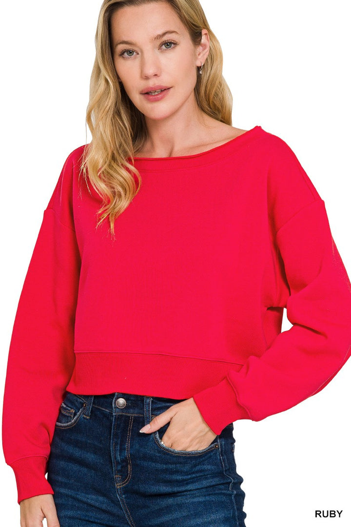 RUBY Cropped boat-neck sweatshirt with ribbed cuffs and hem